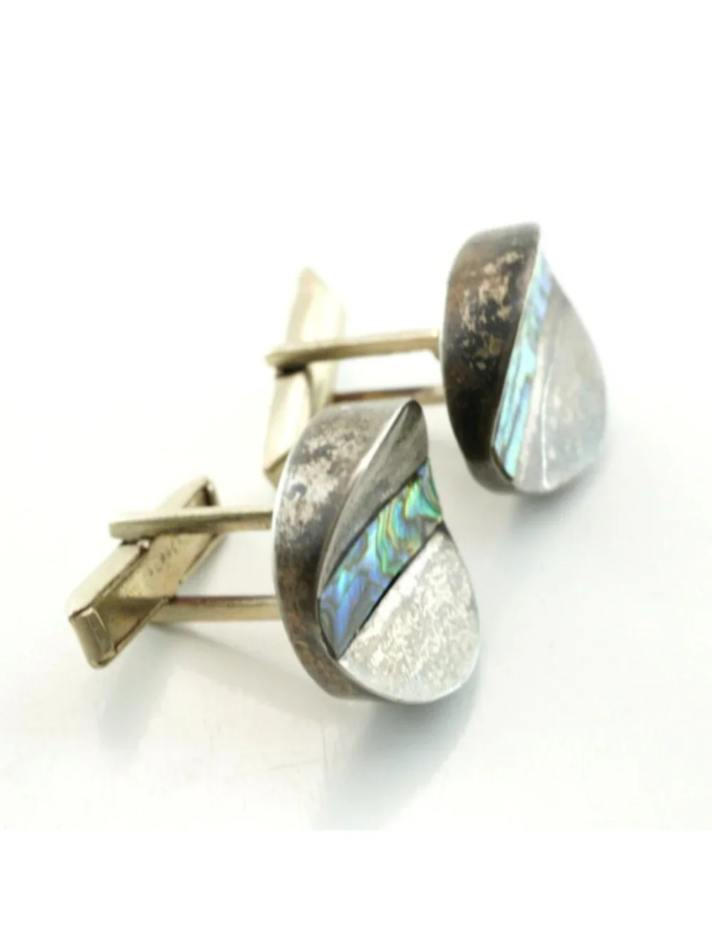 Vintage Taxco Sterling Silver Abalone Inlay Round Cufflinks Mexico